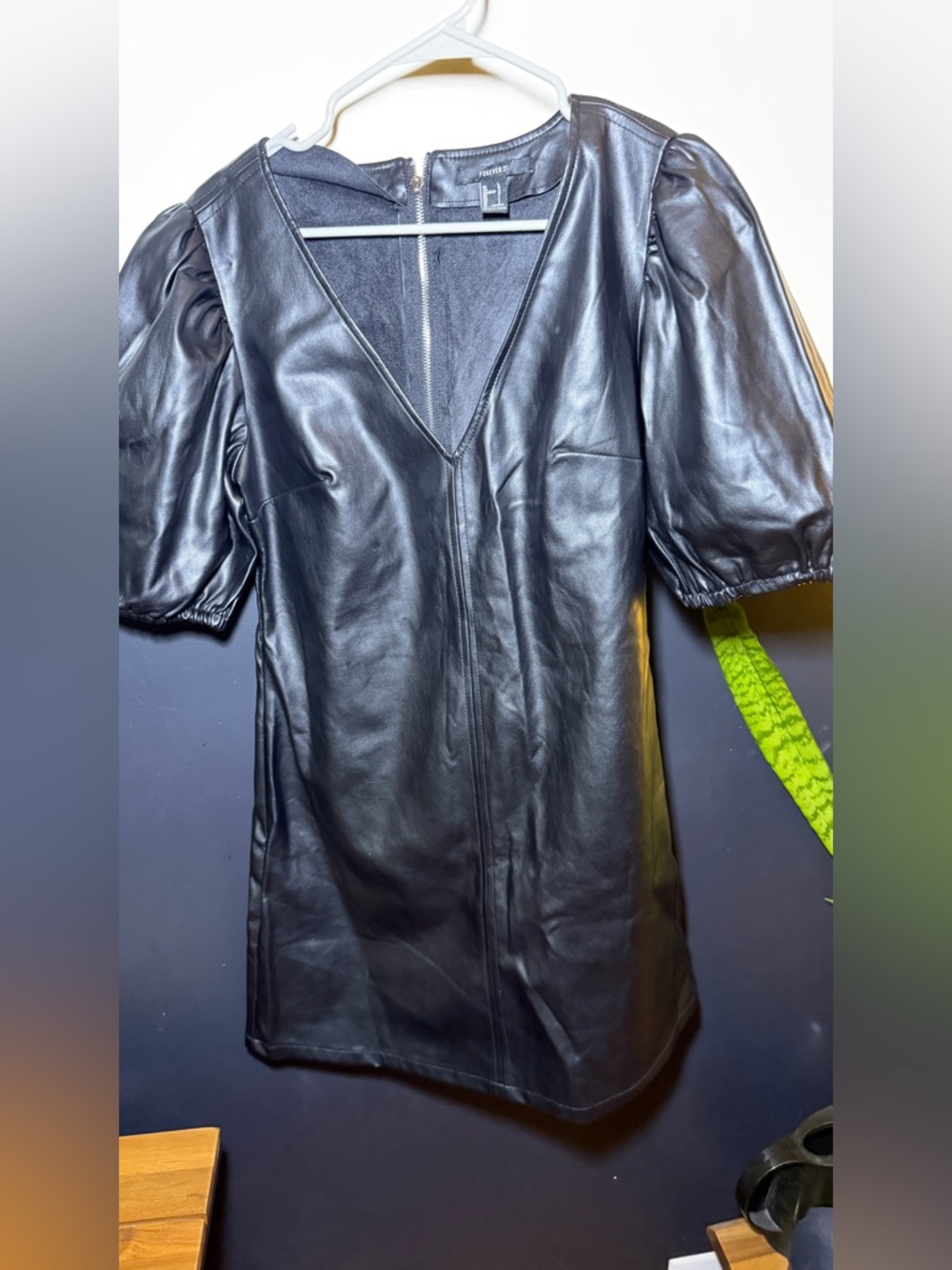 Forever 21 Black Faux Leather V-Neck Dress with Back Zip and Puffed sleeves
